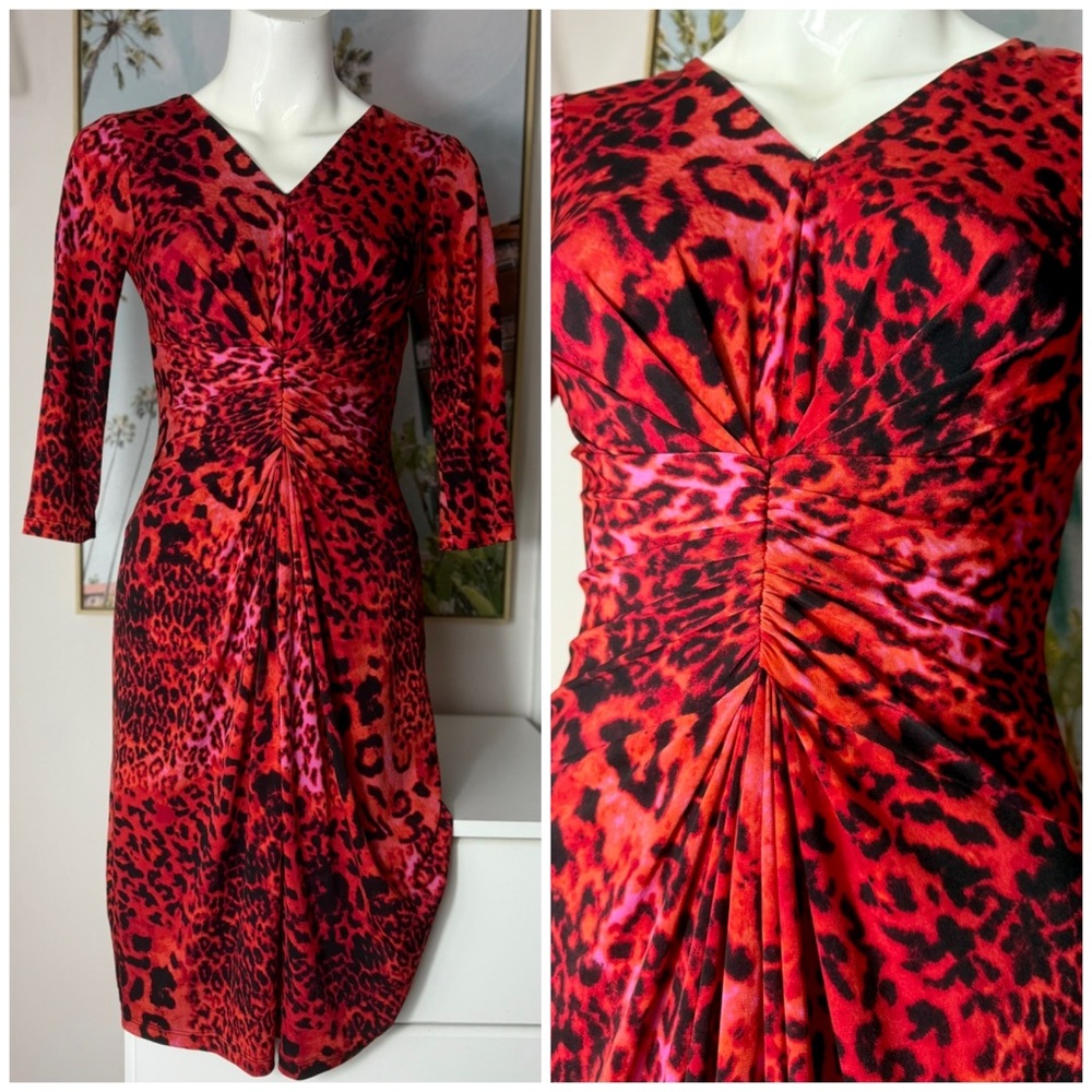 David Meister Red Black Leopard Print Ruched Sheath Bodycon Midi Dress Sz 4